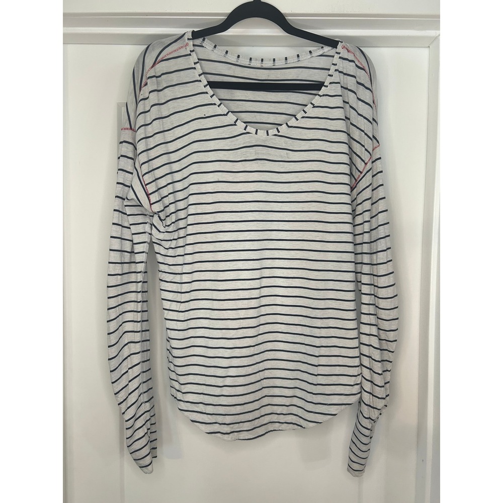 Lululemon White Navy Striped Long Sleeve Top Red Stitching Scoop Neck Medium 8